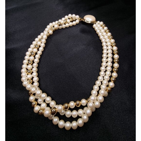 Vintage 1980s Faux Pearl Necklace With Gold-Tone Beads - Picture 1 of 5